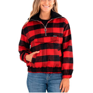 Hurley Teddy Fur Buffalo Plaid Jacket Size L Black Red 1/2 Zip Gorp Lumberjack